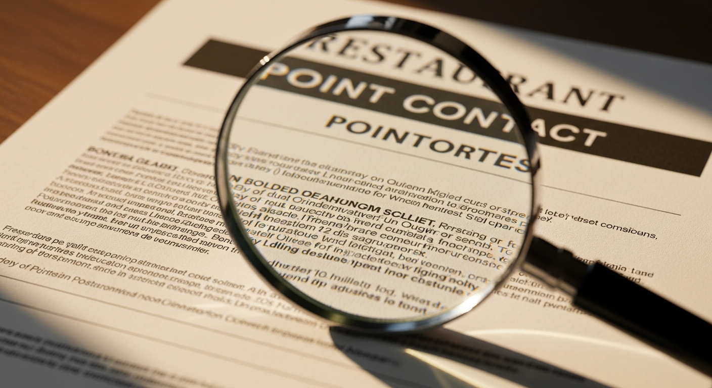 Close-up of a restaurant POS contract document with a magnifying glass highlight