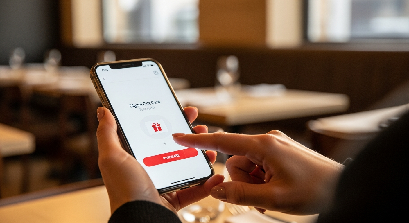 Customer purchasing digital gift card on smartphone, restaurant interior in back