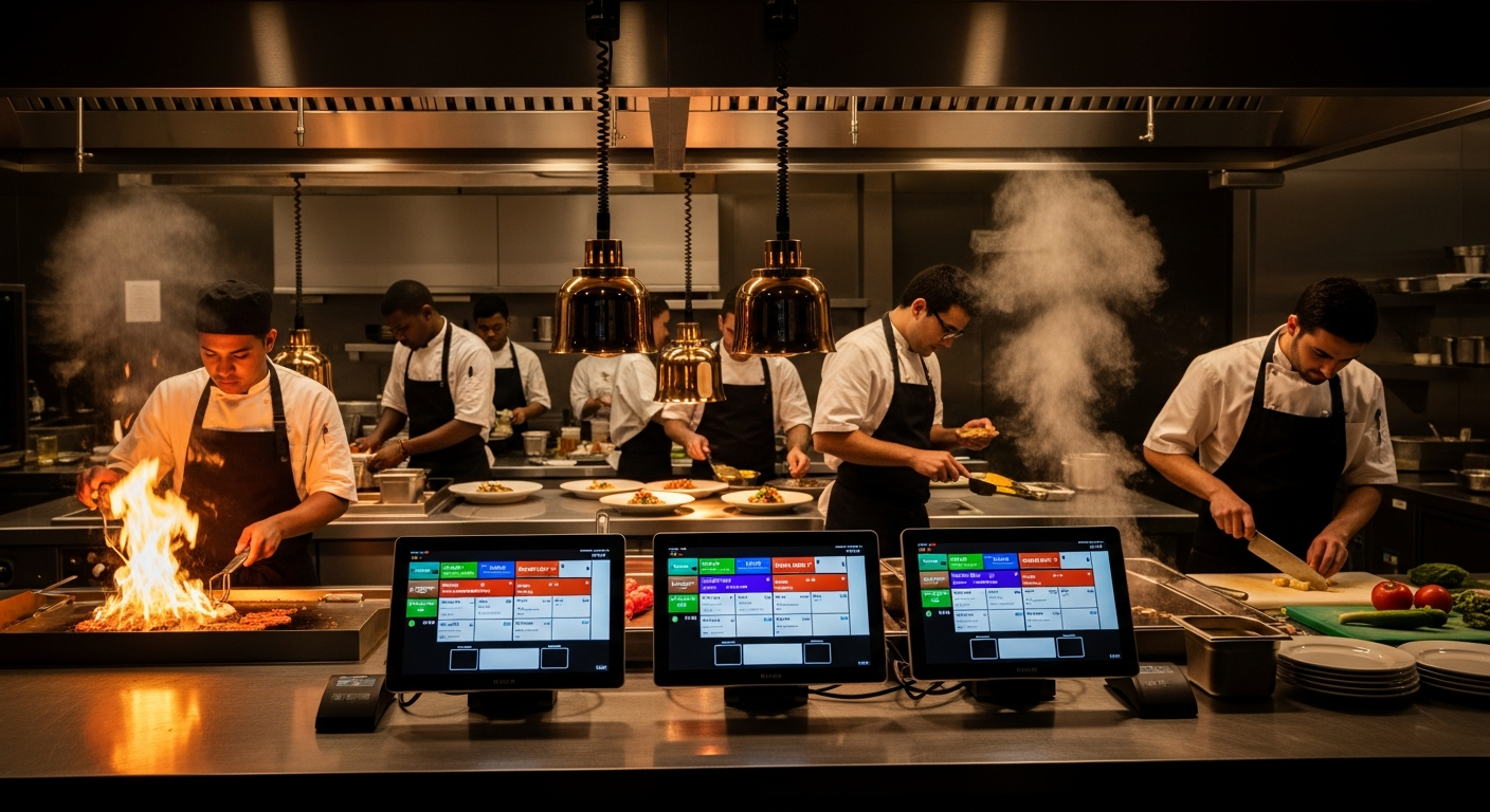 Busy restaurant kitchen with KDS screens showing orders, chefs working in backgr