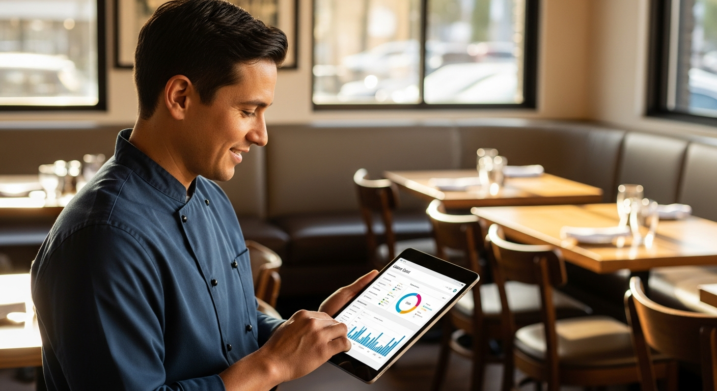 Manager reviewing labor cost dashboard showing charts and graphs on tablet, rest