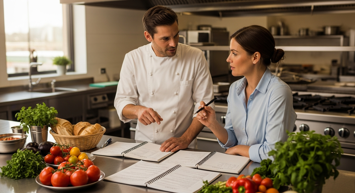 Chef and restaurant owner discussing menu items in kitchen, ingredients and cost