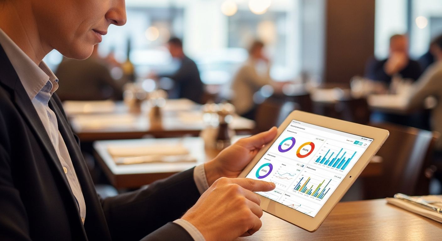Restaurant owner analyzing sales data on tablet screen showing colorful charts a