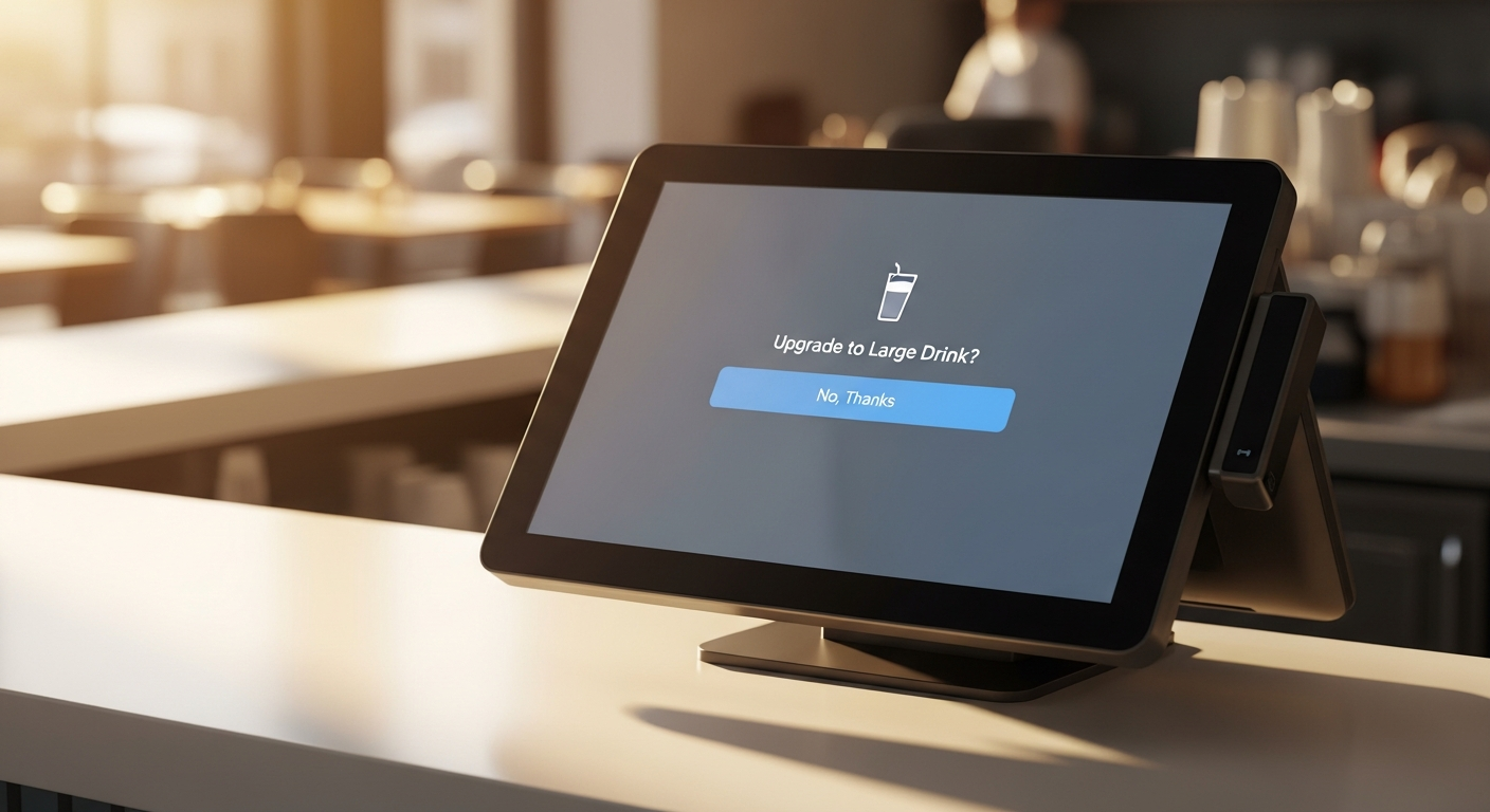 Close-up of POS terminal showing upsell prompt popup for drink upgrade, modern r
